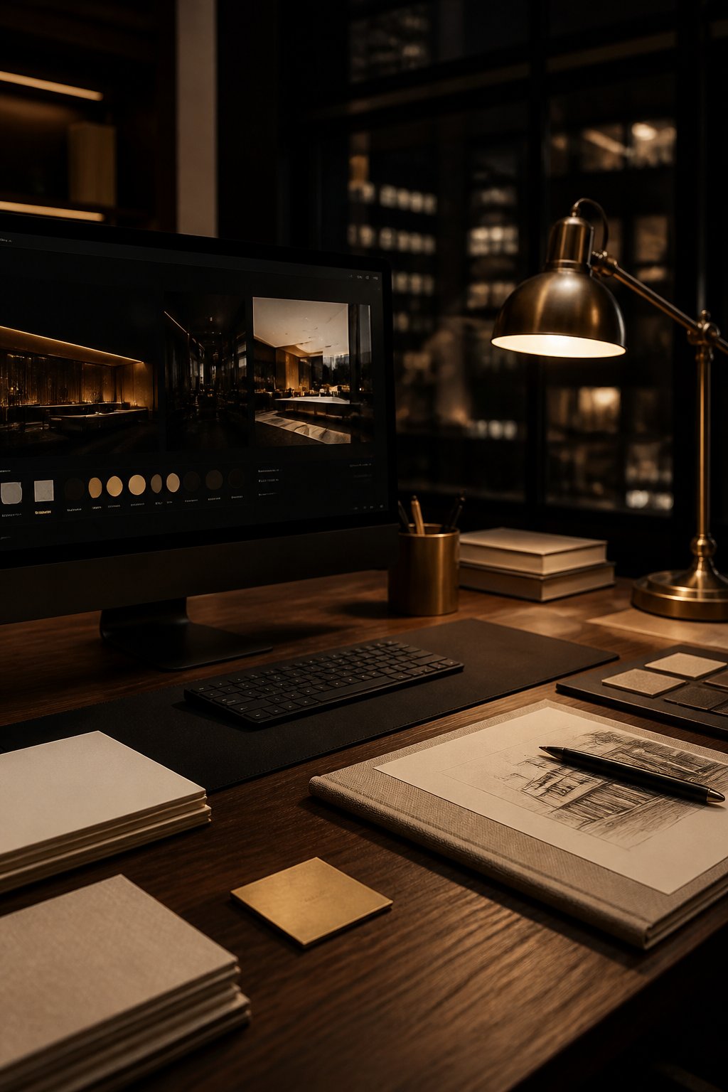 A dark studio desk with a brass lamp, paper samples and a screen showing a gold-on-black layout.